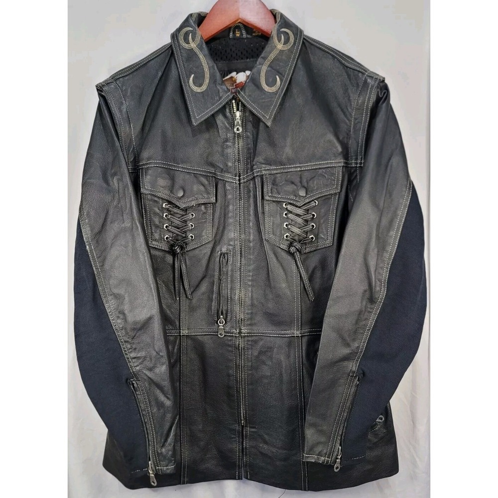 Womens Harley Davidson Black Leather Convertible Jacket Vest‎ Motorcycle Mesh